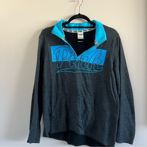 PINK Victoria's Secret Tops - Victoria’s Secret PINK Gray & Blue Quarter-Zip Pullover | Size Small